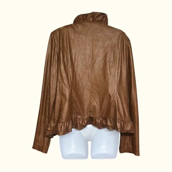 Lightweight Faux Brown Suede Ruffle Front Jacket Church Event Career Vibe - Picture 4 of 9